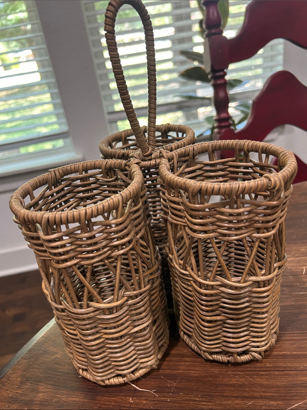 Rattan 3 Bottle Wine Holder/Utensil Caddy - Picture 2 of 5